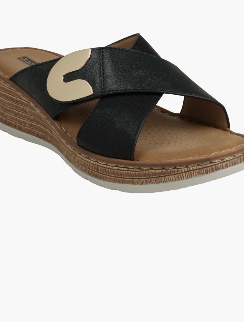 Good Choice Black Cross-Strap Slide Sandals with Gold Accent